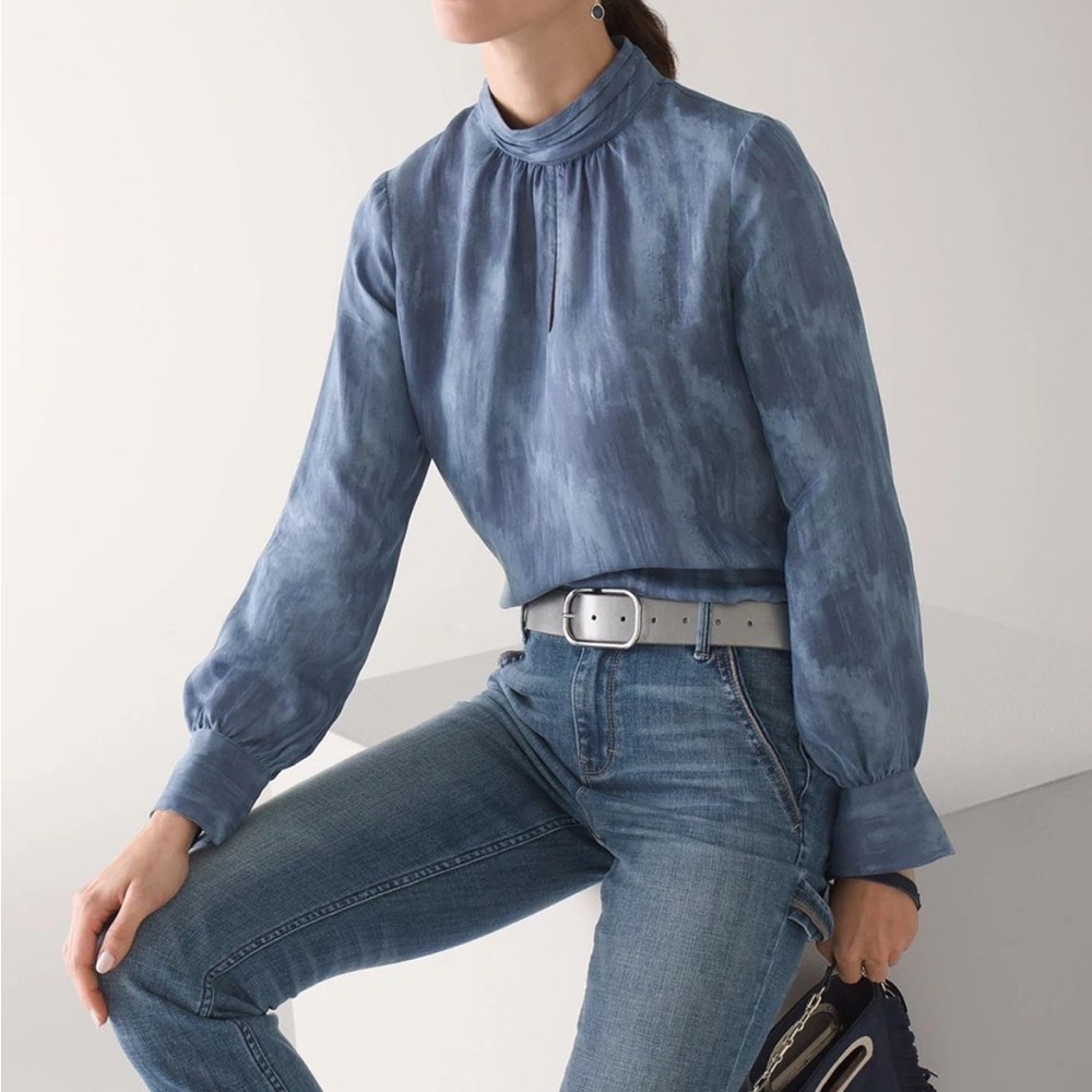 WHBM Long Sleeve Mock-neck Blouse With Front Keyhole